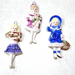 Lot of 3 Colorful Costumed Flower Girls Chalk Figures